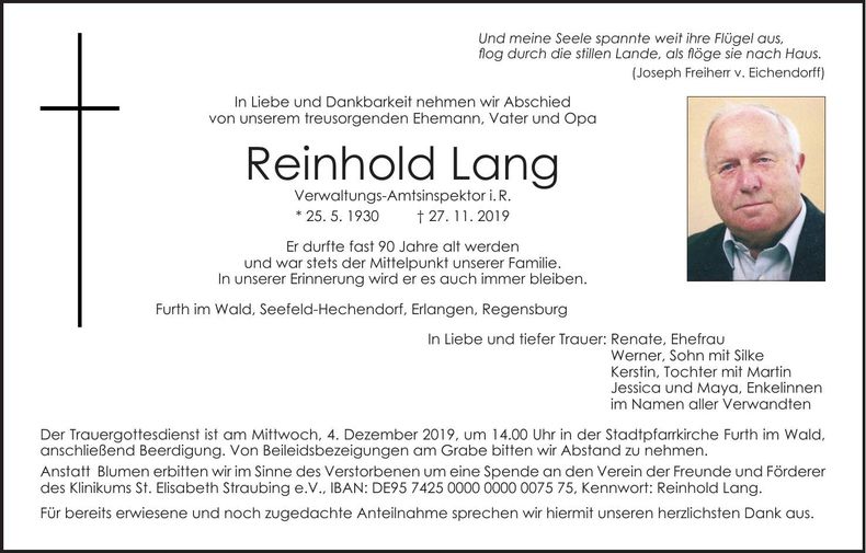 Traueranzeige Reinhold Lang