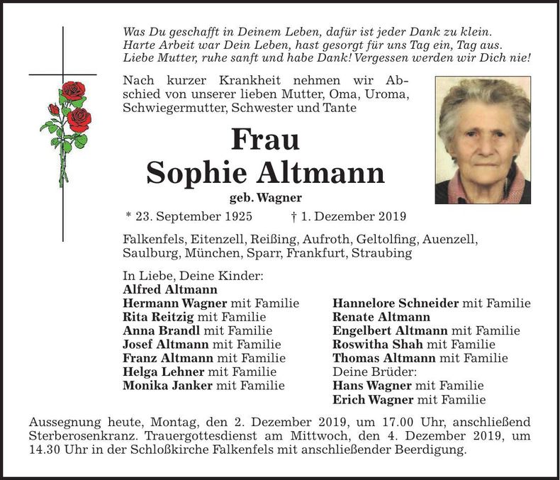 Traueranzeige Sophie Altmann