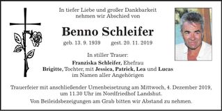Traueranzeige Benno Schleifer