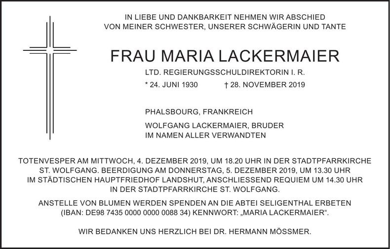 Traueranzeige Maria Lackermaier