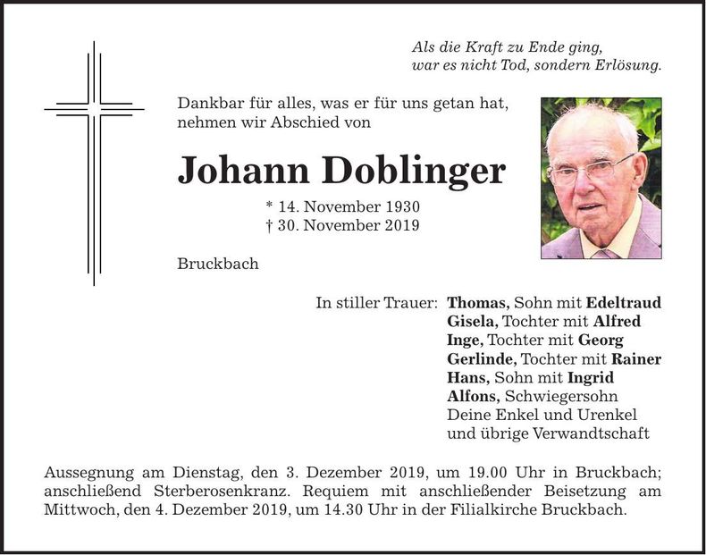 Traueranzeige Johann Doblinger