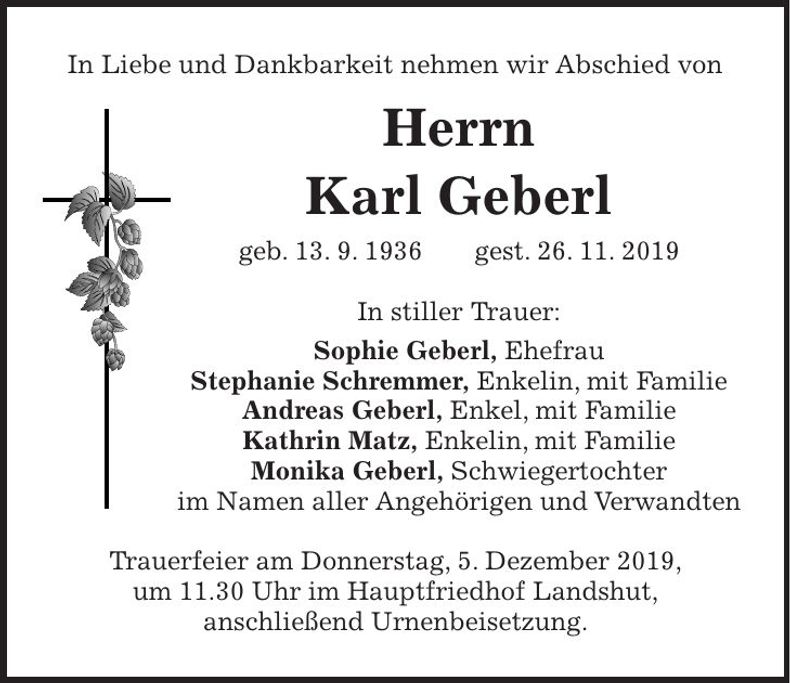 Traueranzeige Karl Geberl
