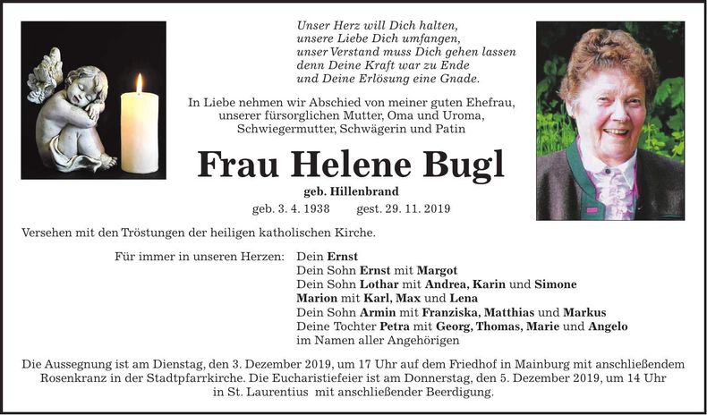 Traueranzeige Helene Bugl