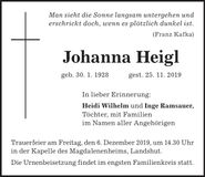 Traueranzeige Johanna Heigl