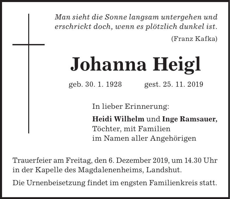 Traueranzeige Johanna Heigl