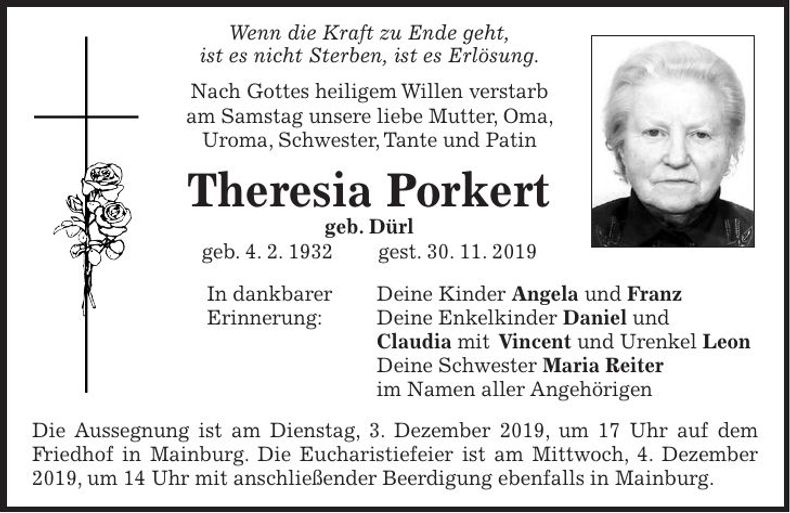 Traueranzeige Theresia Porkert
