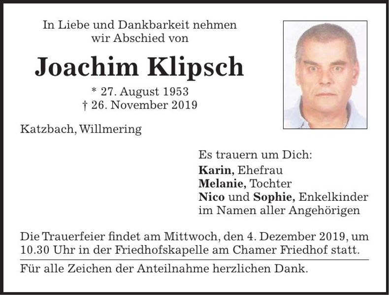 Traueranzeige Joachim Klipsch