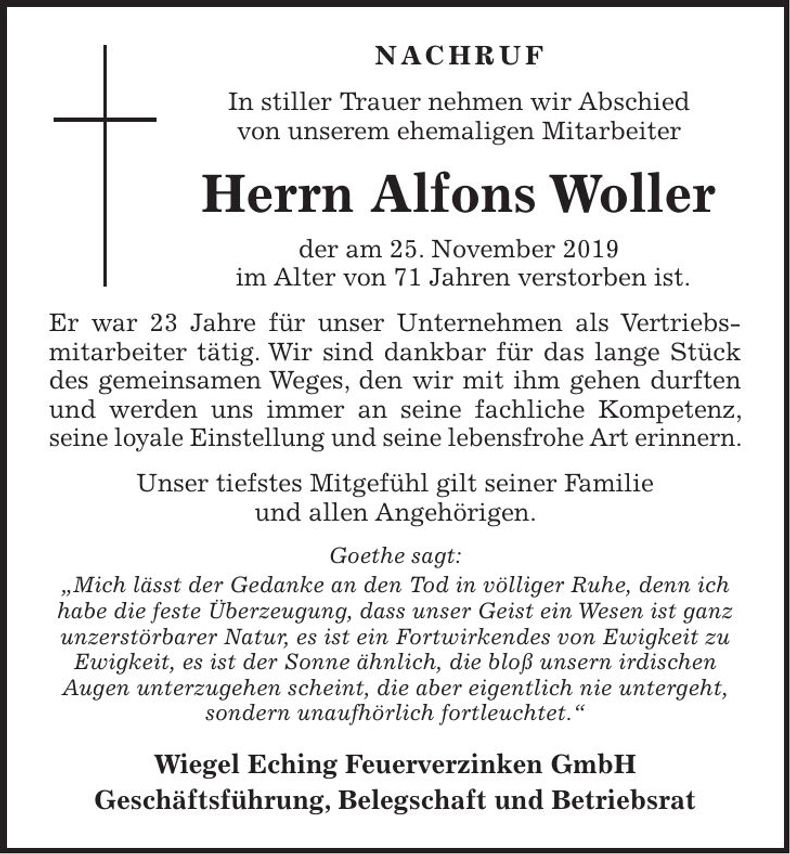 Traueranzeige Alfons Woller
