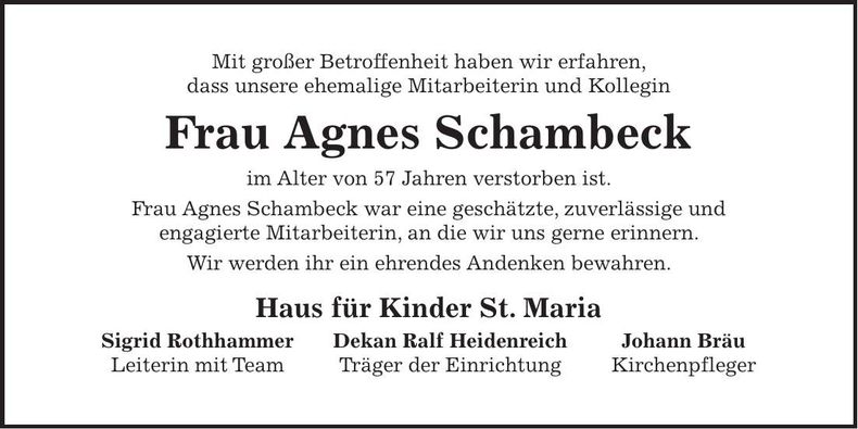 Traueranzeige Agnes Schambeck