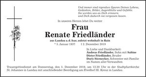 Traueranzeige Renate Friedländer