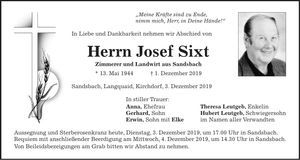 Traueranzeige Josef Sixt
