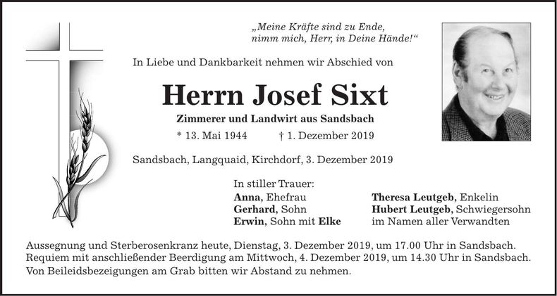 Traueranzeige Josef Sixt