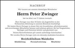 Traueranzeige Peter Zwinger