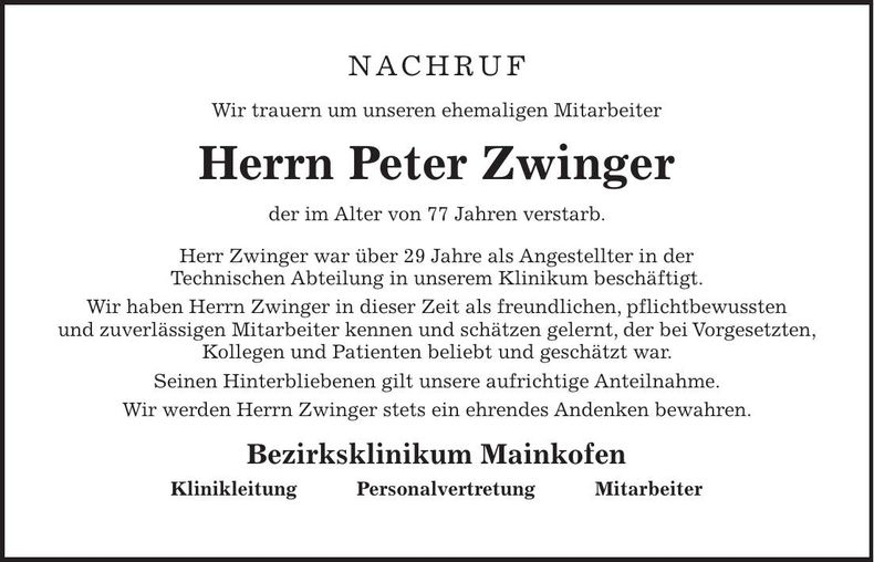 Traueranzeige Peter Zwinger