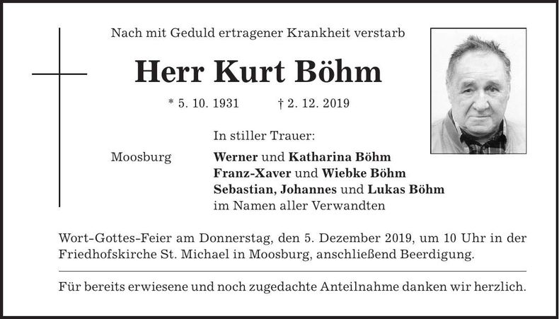 Traueranzeige Kurt Böhm