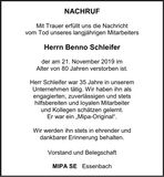 Traueranzeige Benno Schleifer