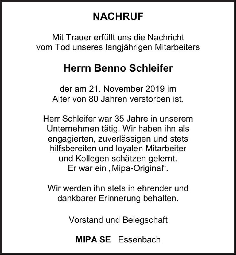 Traueranzeige Benno Schleifer