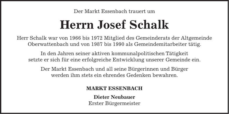 Traueranzeige Josef Schalk