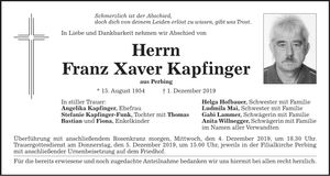 Traueranzeige Franz Xaver Kapfinger