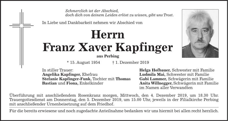 Traueranzeige Franz Xaver Kapfinger