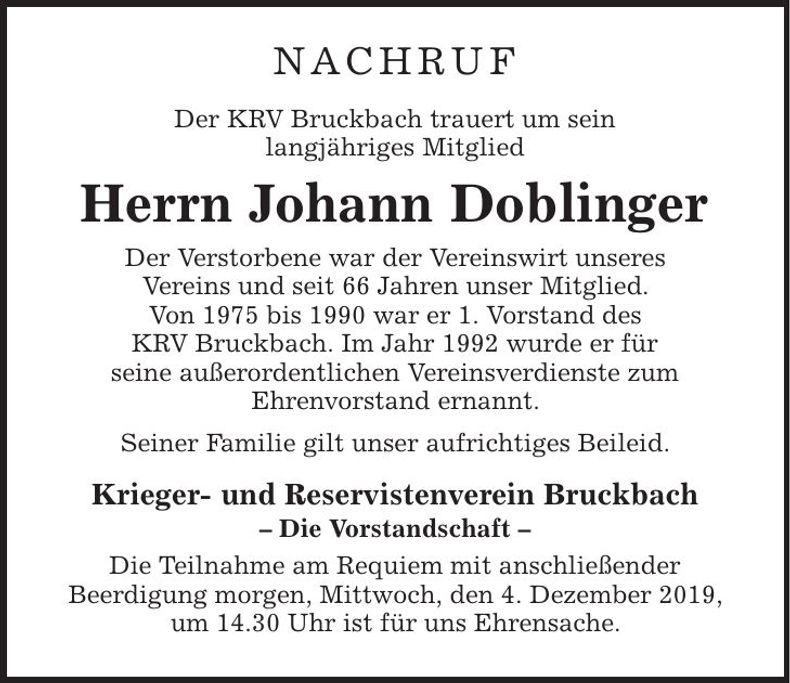 Traueranzeige Johann Doblinger