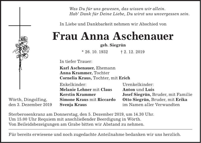 Traueranzeige Anna Aschenauer