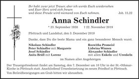 Traueranzeige Anna Schindler