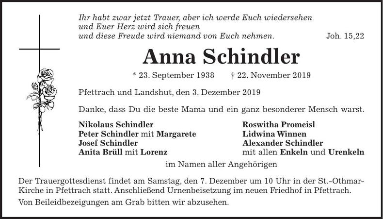 Traueranzeige Anna Schindler