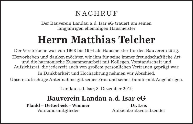 Traueranzeige Matthias Telcher