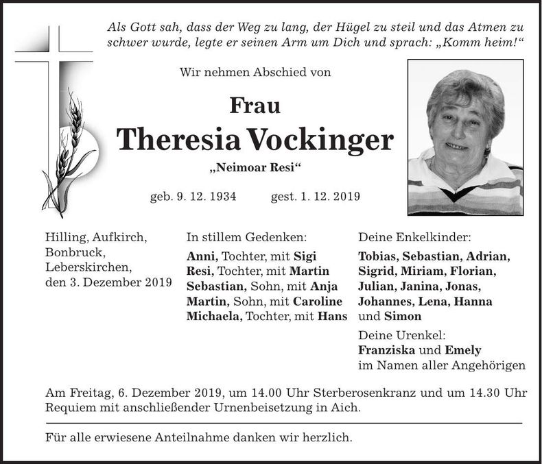 Traueranzeige Theresia Vockinger