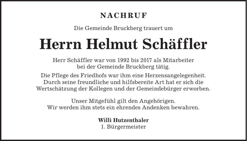 Traueranzeige Helmut Schäffler