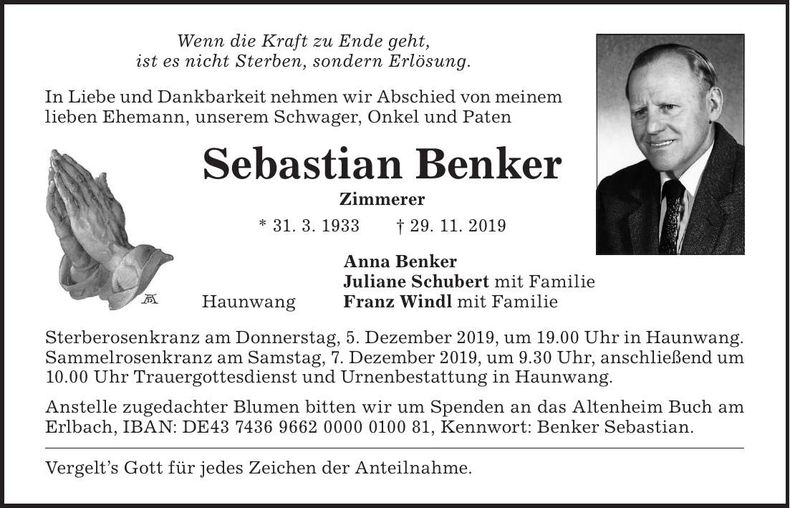 Traueranzeige Sebastian Benker