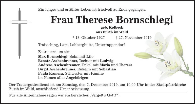 Traueranzeige Therese Bornschlegl