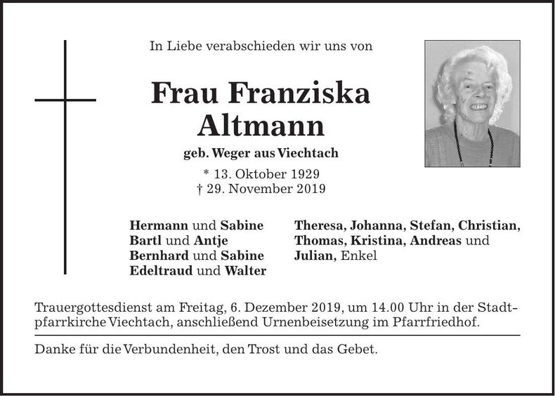 Traueranzeige Franziska Altmann