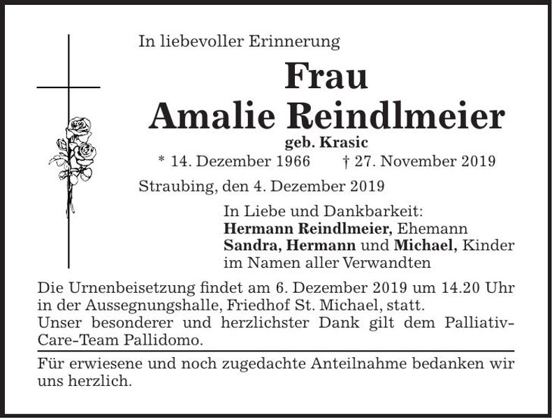 Traueranzeige Amalie Reindlmeier