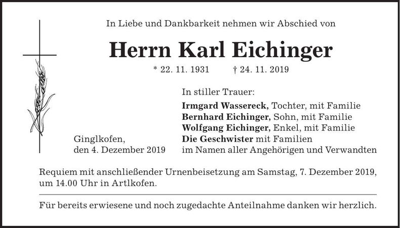 Traueranzeige Karl Eichinger