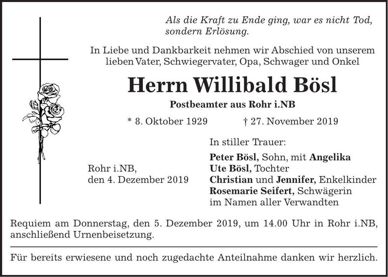 Traueranzeige Willibald Bösl