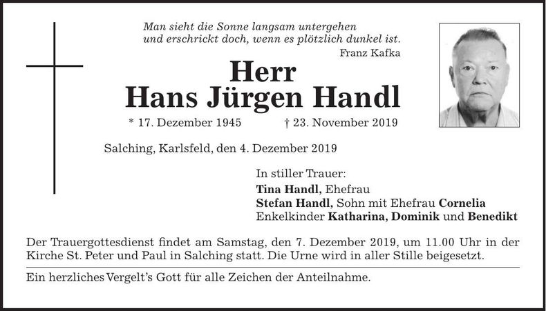 Traueranzeige Hans-Jürgen Handl
