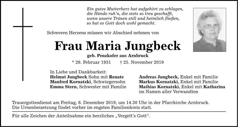 Traueranzeige Maria Jungbeck