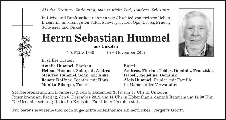 Traueranzeige Sebastian Hummel