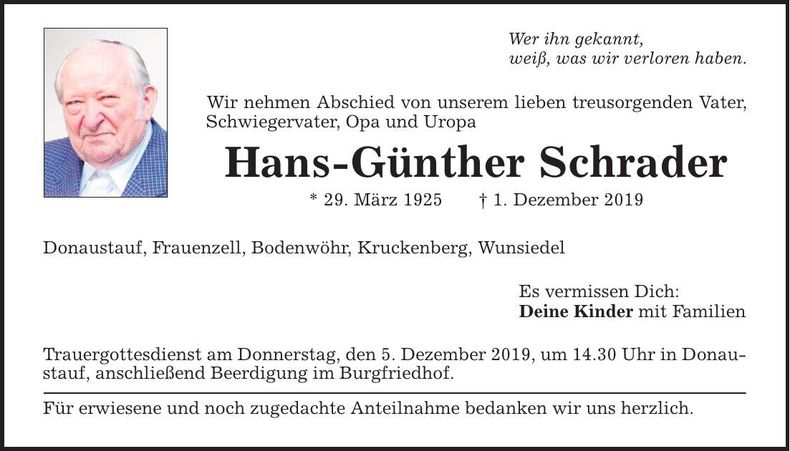 Traueranzeige Hans-Günther Schrader