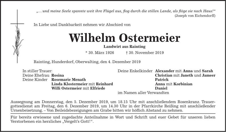 Traueranzeige Wilhelm Ostermeier