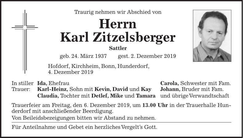 Traueranzeige Karl Zitzelsberger