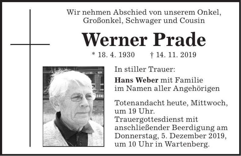 Traueranzeige Werner Prade