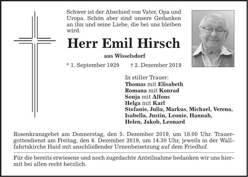 Traueranzeige Emil Hirsch