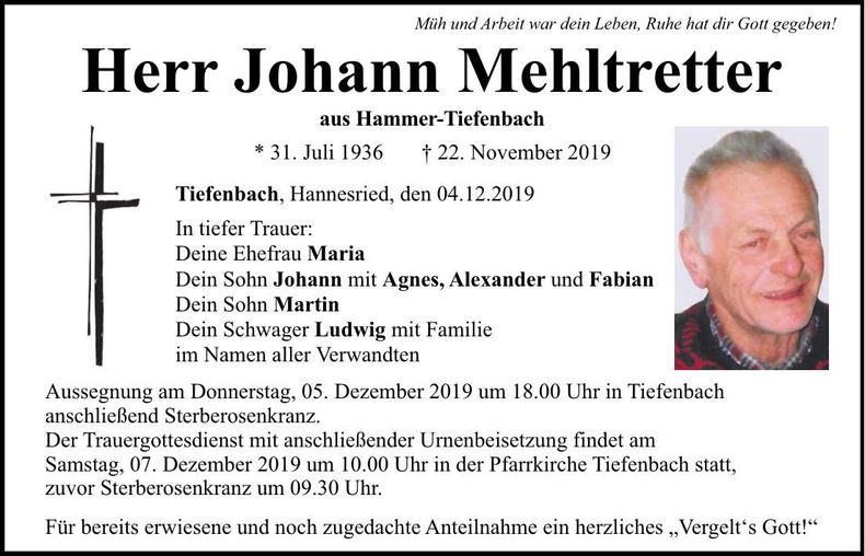 Traueranzeige Johann Mehltretter