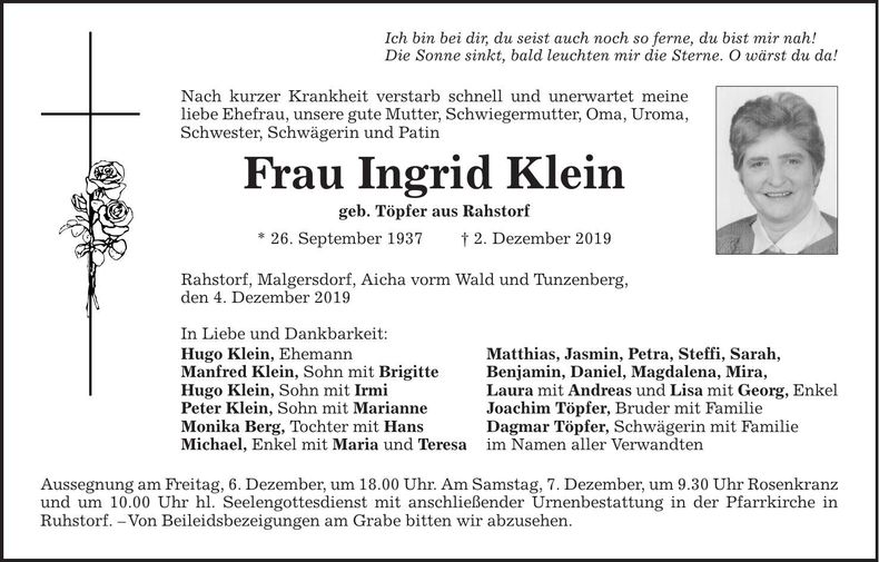 Traueranzeige Ingrid Klein