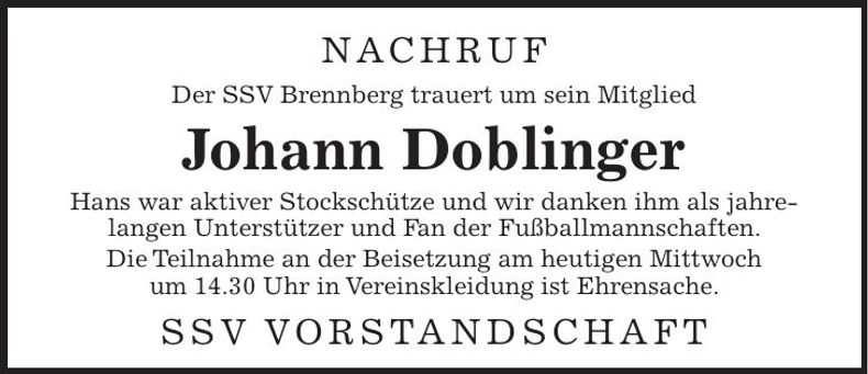 Traueranzeige Johann Doblinger