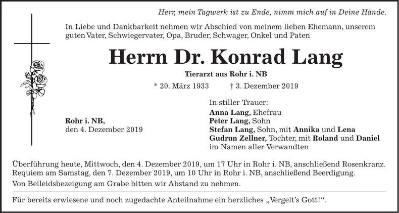 Traueranzeige Dr. Konrad Lang