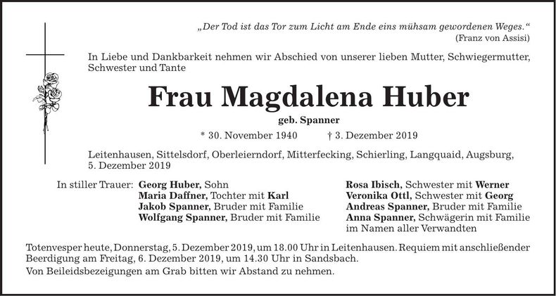 Traueranzeige Magdalena Huber